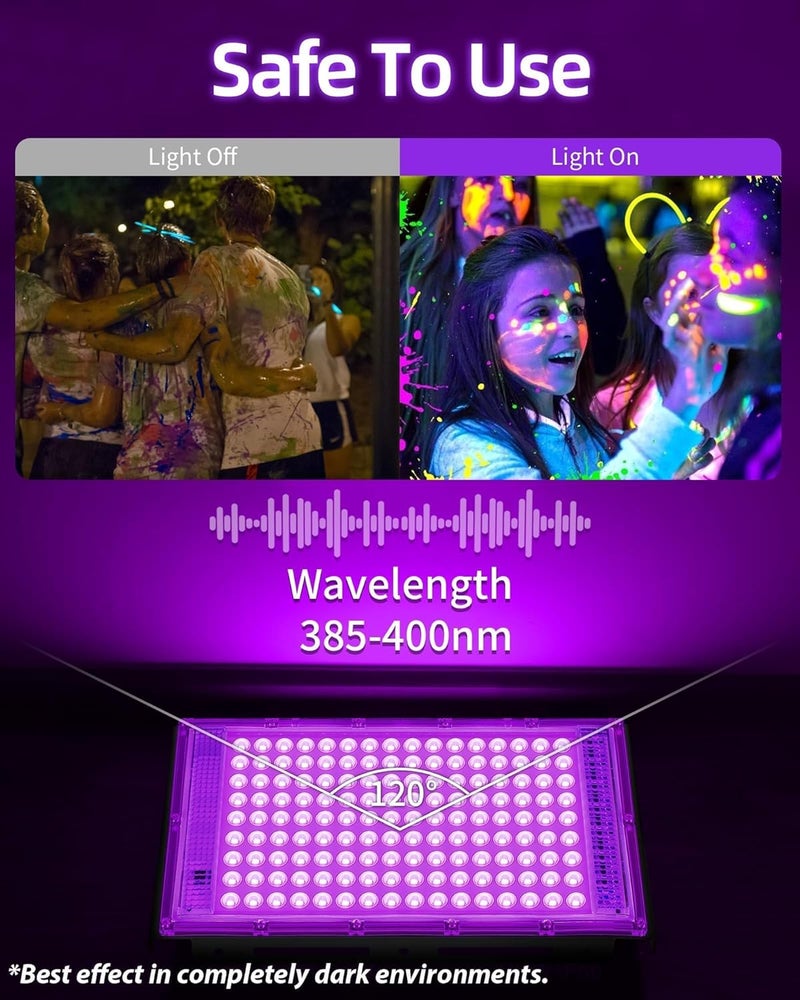 THECHAM Store 150W LED Black Lights IP66 Waterproof Black Light Outdoor with 10ft Plug+Switch, Flood Blacklight for Halloween Glow in The Dark Party Stage Light Neon Glow Birthday 2 Pack - Image 5